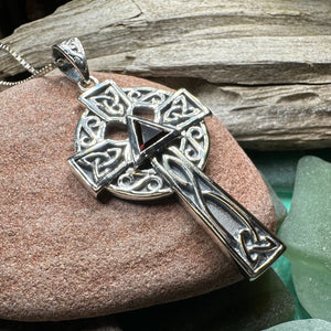 Celtic Cross Necklace, Scottish Pendant, Ireland Cross, Irish Jewelry, Large Celtic Cross, Religious Jewelry, Silver Cross Pendant, Garnet