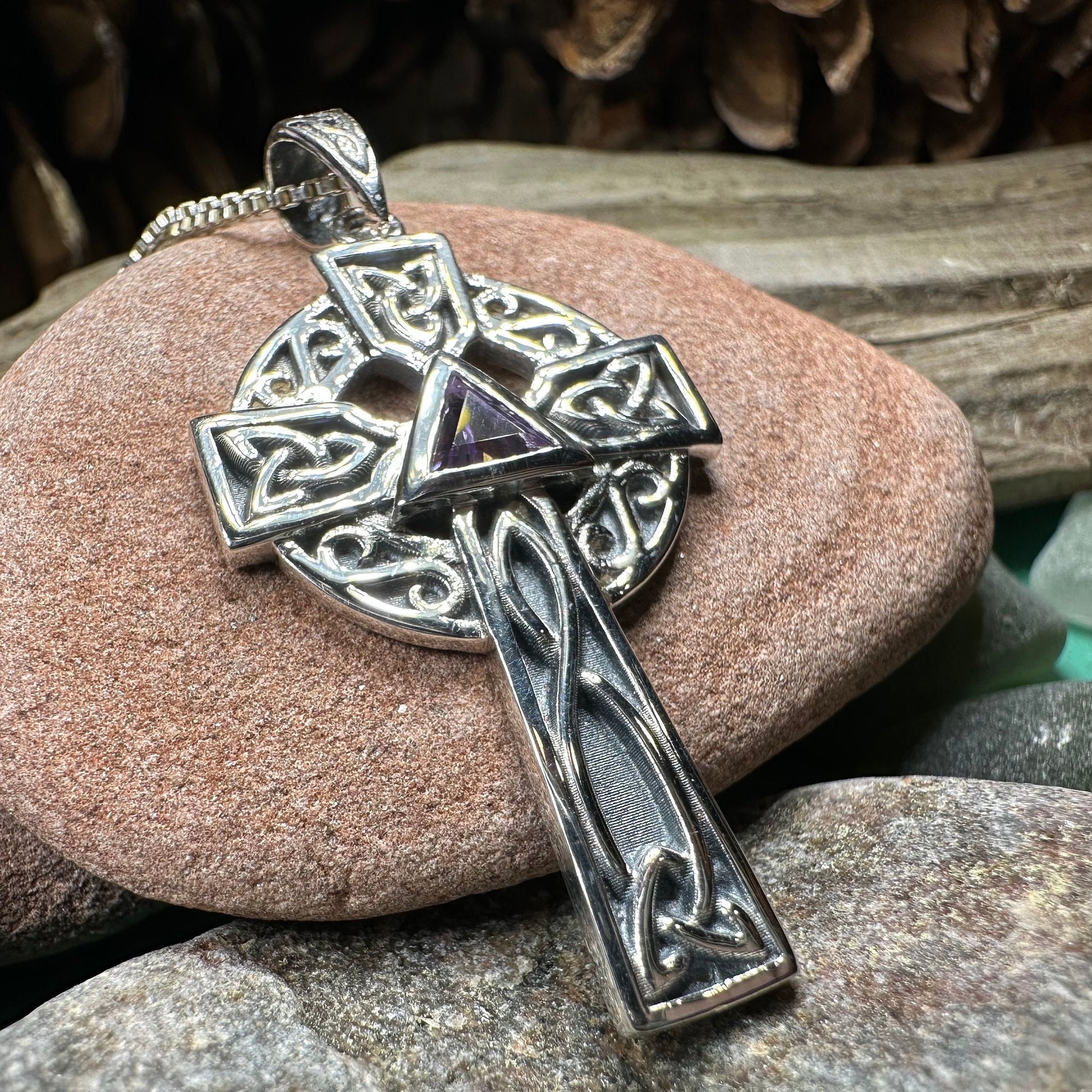 Celtic Cross Necklace, Scottish Pendant, Ireland Cross, Irish Jewelry, Large Celtic Cross, Religious Jewelry, Silver Cross Pendant, Garnet