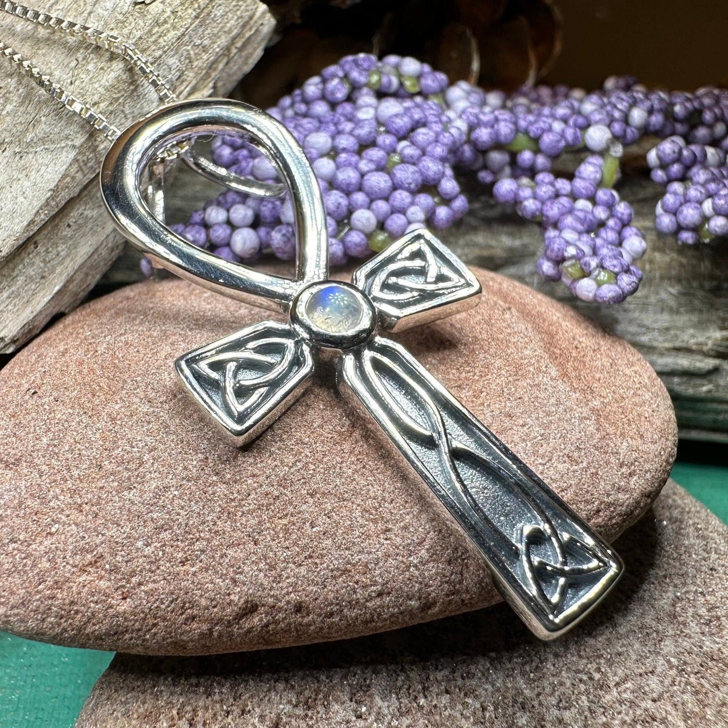 Celtic Ahnk Necklace, Key of Life Pendant, Celtic Jewelry, Egyptian Symbol, Moonstone Pendant, Cancer Survivor Gift, Recovery Gift, Cross