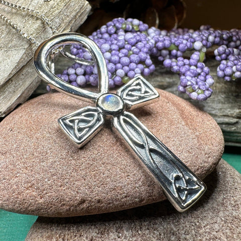Load image into Gallery viewer, Celtic Ahnk Necklace, Key of Life Pendant, Celtic Jewelry, Egyptian Symbol, Moonstone Pendant, Cancer Survivor Gift, Recovery Gift, Cross
