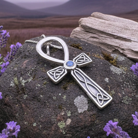 Celtic Ahnk Necklace, Key of Life Pendant, Celtic Jewelry, Egyptian Symbol, Moonstone Pendant, Cancer Survivor Gift, Recovery Gift, Cross