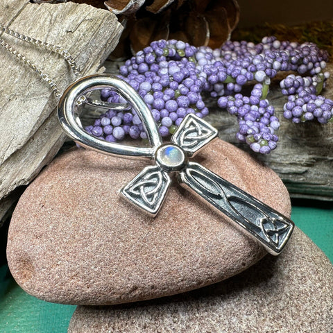 Load image into Gallery viewer, Celtic Ahnk Necklace, Key of Life Pendant, Celtic Jewelry, Egyptian Symbol, Moonstone Pendant, Cancer Survivor Gift, Recovery Gift, Cross
