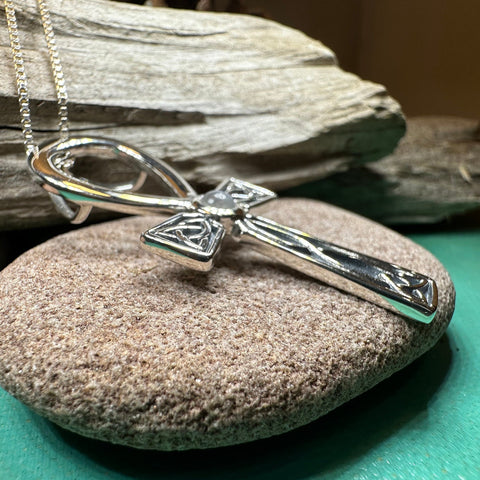 Load image into Gallery viewer, Celtic Ahnk Necklace, Key of Life Pendant, Celtic Jewelry, Egyptian Symbol, Moonstone Pendant, Cancer Survivor Gift, Recovery Gift, Cross
