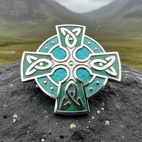 Load image into Gallery viewer, Celtic Cross Brooch, Cross Jewelry, Celtic Brooch, First Communion Gift, Green Enamel Pin, Irish Cross Jewelry, Cross Pin, Religious Jewelry
