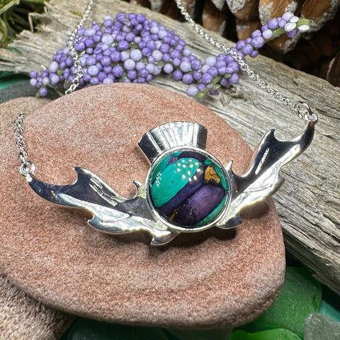 Load image into Gallery viewer, Thistle Necklace, Scotland Jewelry, Heather Gem, Celtic Necklace, Nature Jewelry, Outlander Jewelry, Wiccan Necklace, Anniversary Gift
