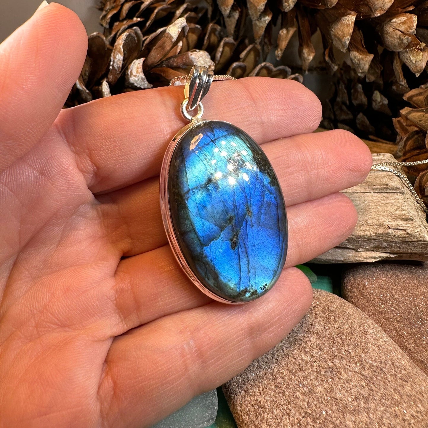 Celtic Night Necklace, Blue Labradorite Pendant, Celtic Jewelry, Anniversary Gift, Silver Wiccan Jewelry, Mom Gift, Large Oval Pendant