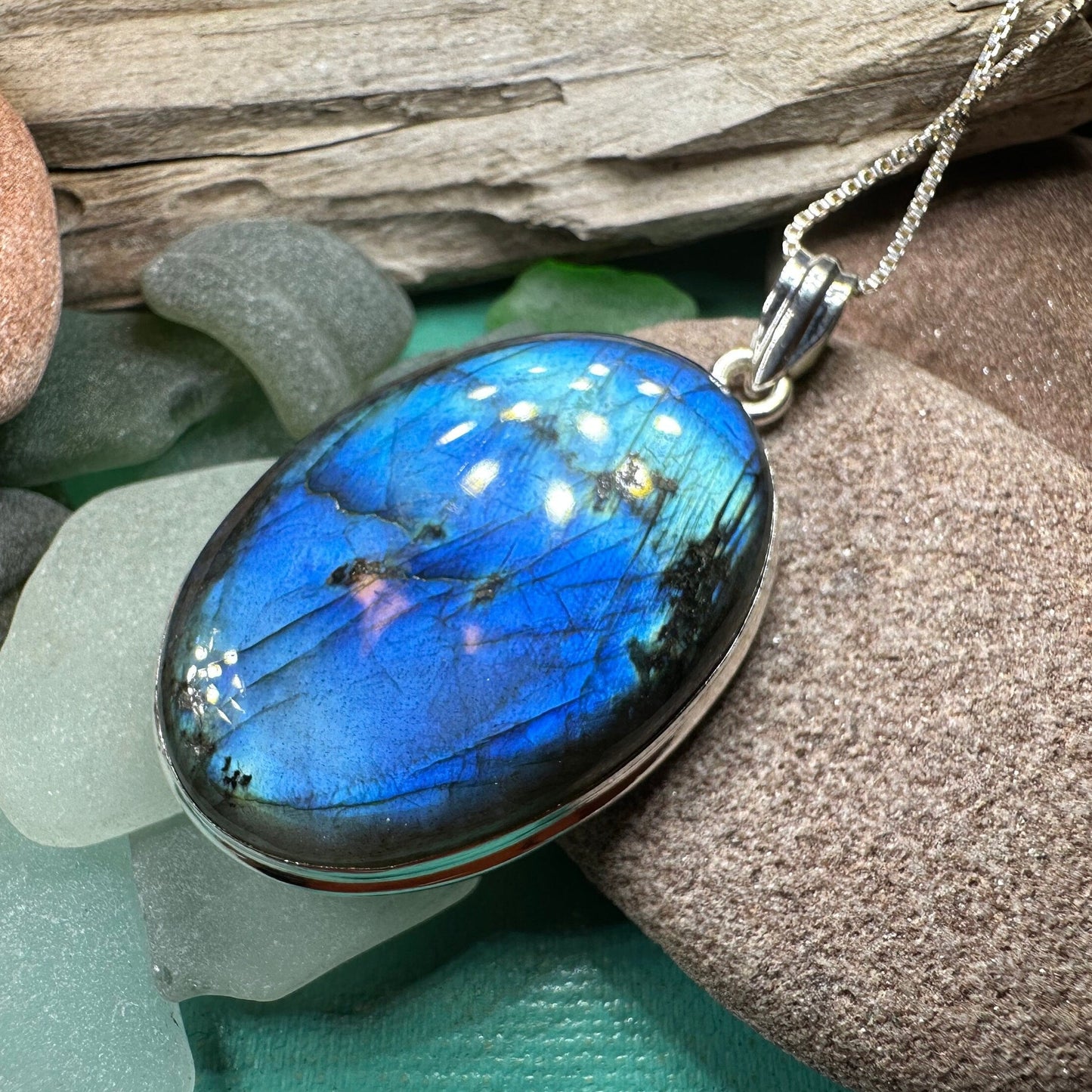 Celtic Night Necklace, Blue Labradorite Pendant, Celtic Jewelry, Anniversary Gift, Silver Wiccan Jewelry, Mom Gift, Large Oval Pendant