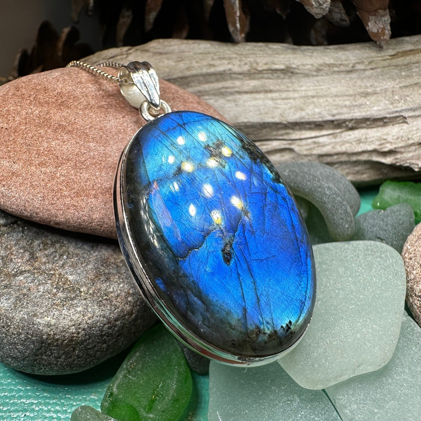 Celtic Night Necklace, Blue Labradorite Pendant, Celtic Jewelry, Anniversary Gift, Silver Wiccan Jewelry, Mom Gift, Large Oval Pendant