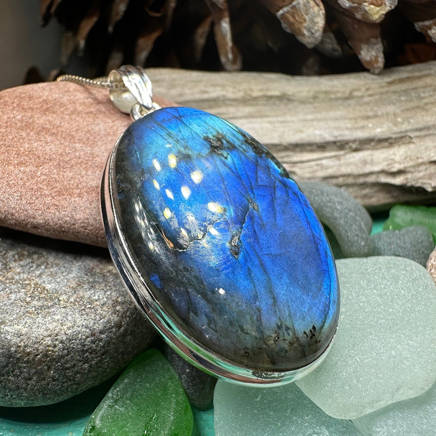 Celtic Night Necklace, Blue Labradorite Pendant, Celtic Jewelry, Anniversary Gift, Silver Wiccan Jewelry, Mom Gift, Large Oval Pendant