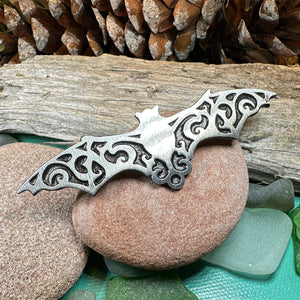 Gothic Bat Brooch, Celtic Pin, Pewter Bat Pin, Victorian Brooch, Friendship Gift, Halloween Gift, Witch Jewelry, Animal Brooch, EA Poe Gift