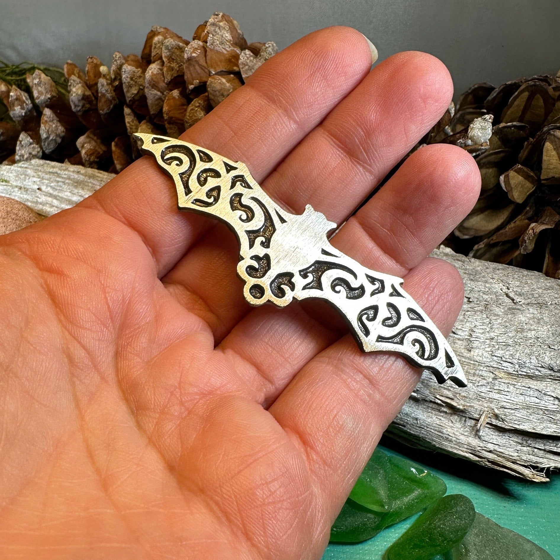 Gothic Bat Brooch, Celtic Pin, Pewter Bat Pin, Victorian Brooch, Friendship Gift, Halloween Gift, Witch Jewelry, Animal Brooch, EA Poe Gift