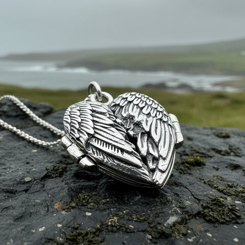 Load image into Gallery viewer, Angel Wings Necklace, Celtic Locket, Spiritual Jewelry, Angel Necklace, Wings Necklace, Silver Bridal Jewelry, Memorial Jewelry, Mom Gift
