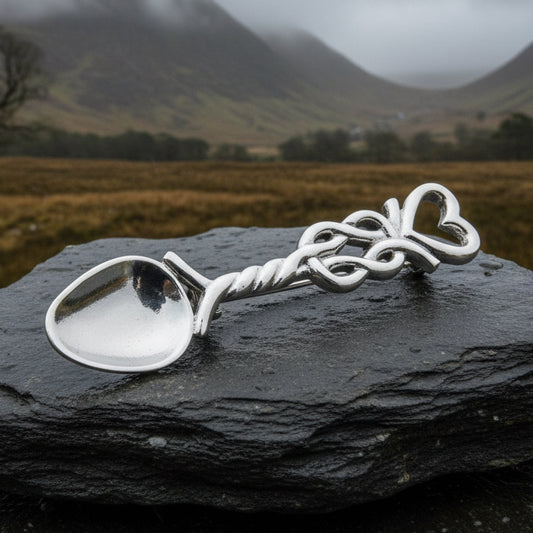 Love Spoon Brooch, Celtic Jewelry, Wales Jewelry, Welsh Pin, Bridal Jewelry, Anniversary Gift, Heart Jewelry, Silver Spoon Wife Gift
