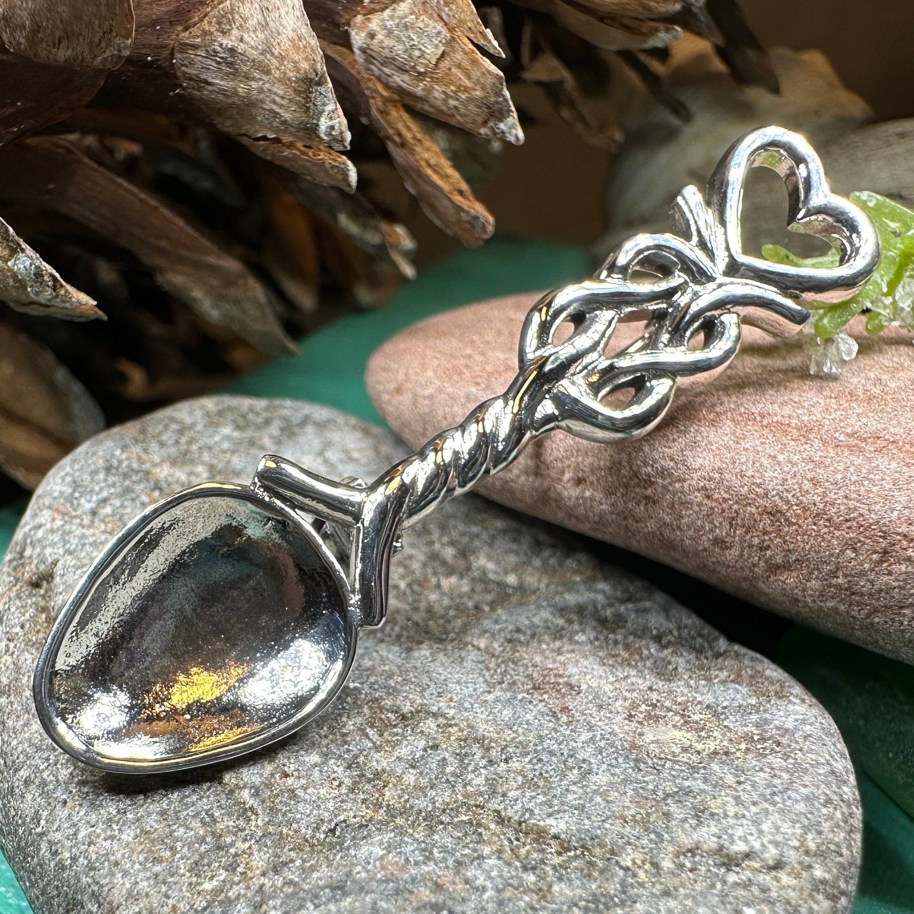 Love Spoon Brooch, Celtic Jewelry, Wales Jewelry, Welsh Pin, Bridal Jewelry, Anniversary Gift, Heart Jewelry, Silver Spoon Wife Gift