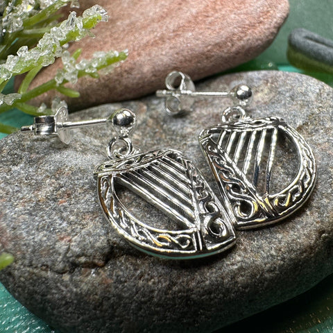 Load image into Gallery viewer, Harp Earrings, Celtic Jewelry, Ireland Jewelry, Irish Jewelry, Harp Jewelry, Clover Jewelry, Post Back Earrings, St. Patrick's Day, Mom Gift
