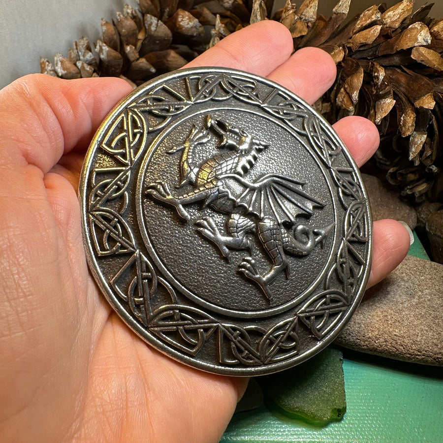 Welsh Dragon Brooch, Wales Jewelry, Extra Large Celtic Pin, Grooms Gift, Father's Day Gift, Celtic Pin, Pagan Brooch, Plaid Pin, Tartan Pin