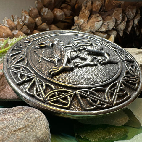 Load image into Gallery viewer, Welsh Dragon Brooch, Wales Jewelry, Extra Large Celtic Pin, Grooms Gift, Father's Day Gift, Celtic Pin, Pagan Brooch, Plaid Pin, Tartan Pin
