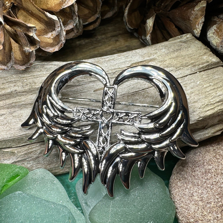 Celtic Cross Brooch, Angel Wings Pin, Irish Pin, Celtic Brooch, Scottish Pin, First Communion Pin, Ireland Pin, Religious Jewelry, Pewter