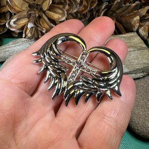 Celtic Cross Brooch, Angel Wings Pin, Irish Pin, Celtic Brooch, Scottish Pin, First Communion Pin, Ireland Pin, Religious Jewelry, Pewter