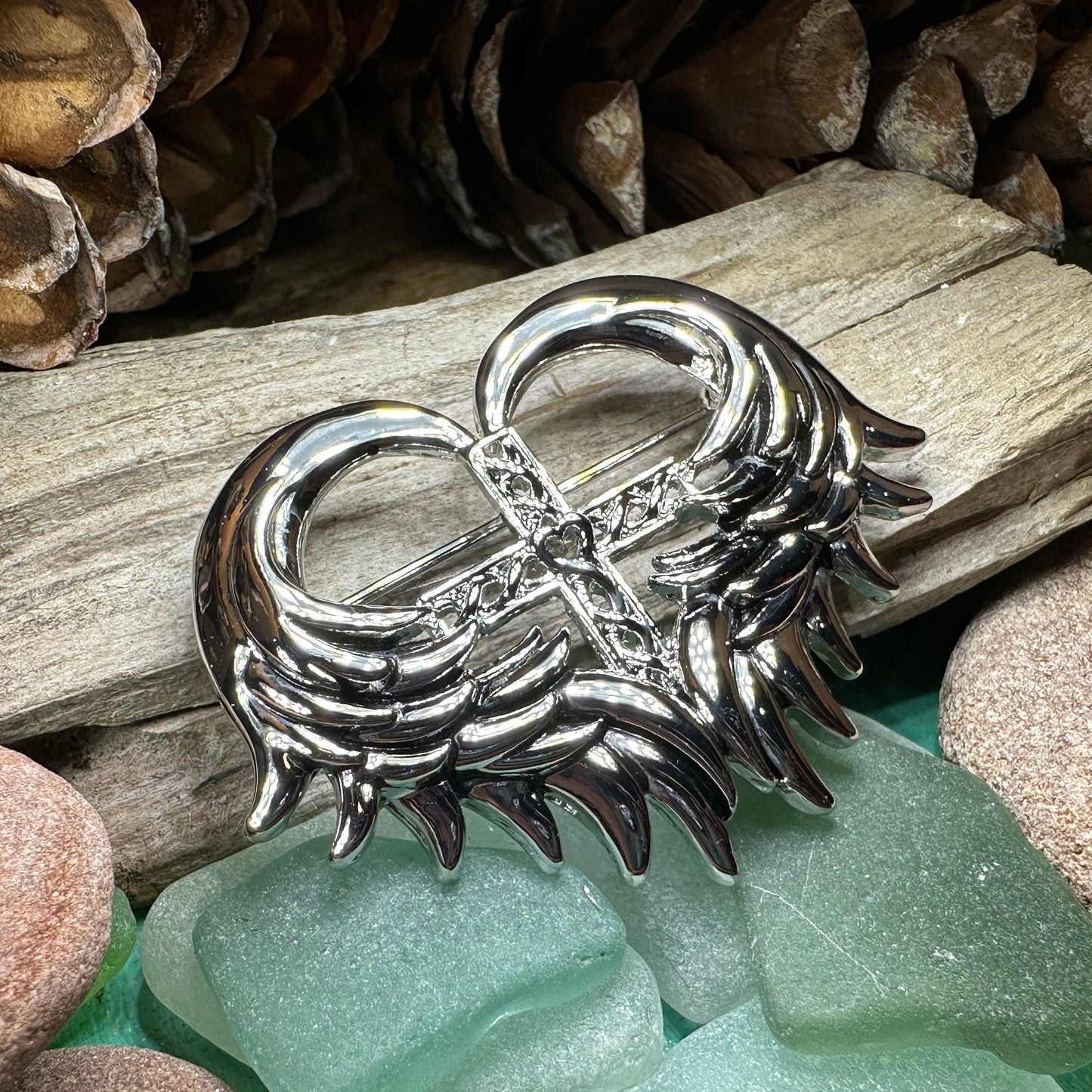 Celtic Cross Brooch, Angel Wings Pin, Irish Pin, Celtic Brooch, Scottish Pin, First Communion Pin, Ireland Pin, Religious Jewelry, Pewter