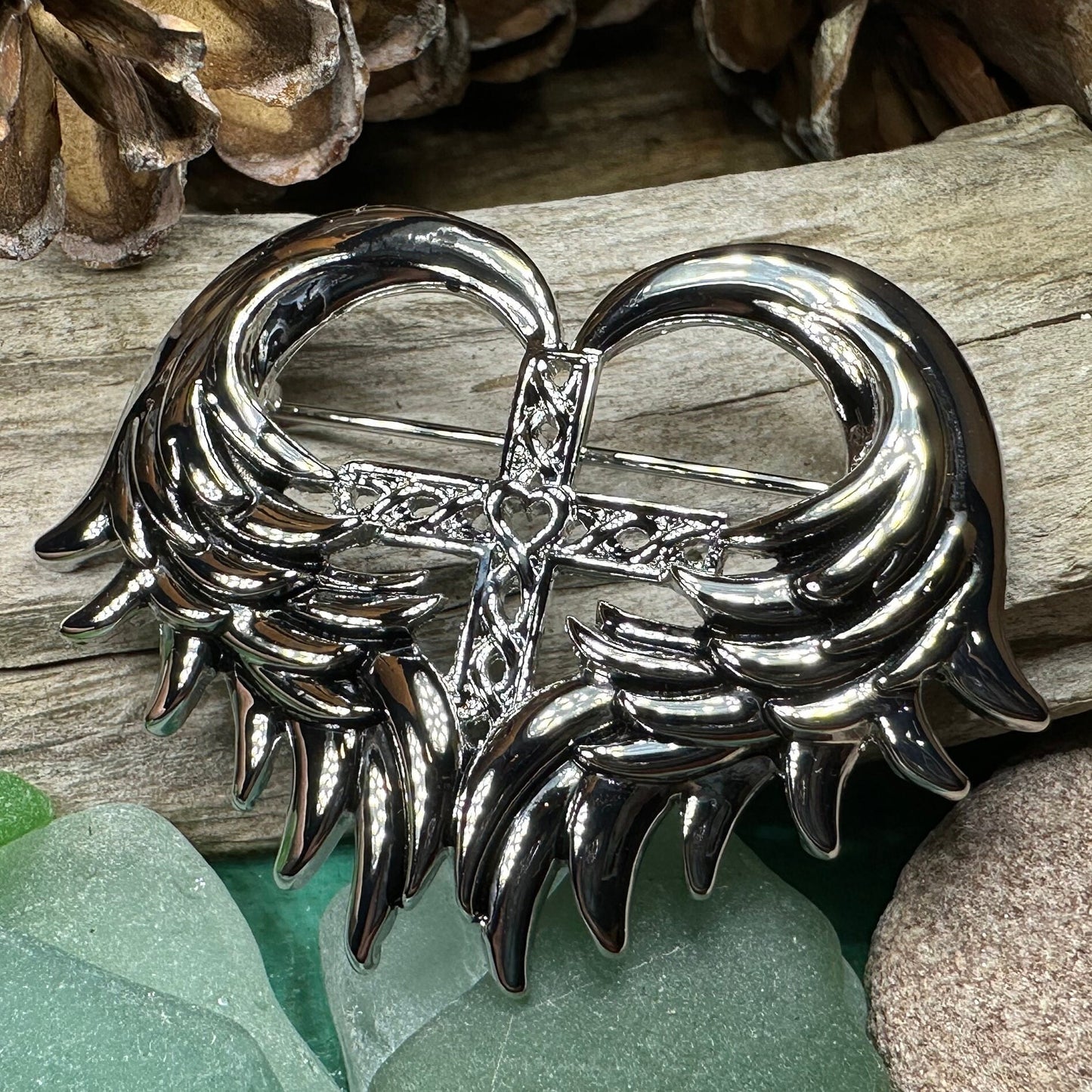 Celtic Cross Brooch, Angel Wings Pin, Irish Pin, Celtic Brooch, Scottish Pin, First Communion Pin, Ireland Pin, Religious Jewelry, Pewter