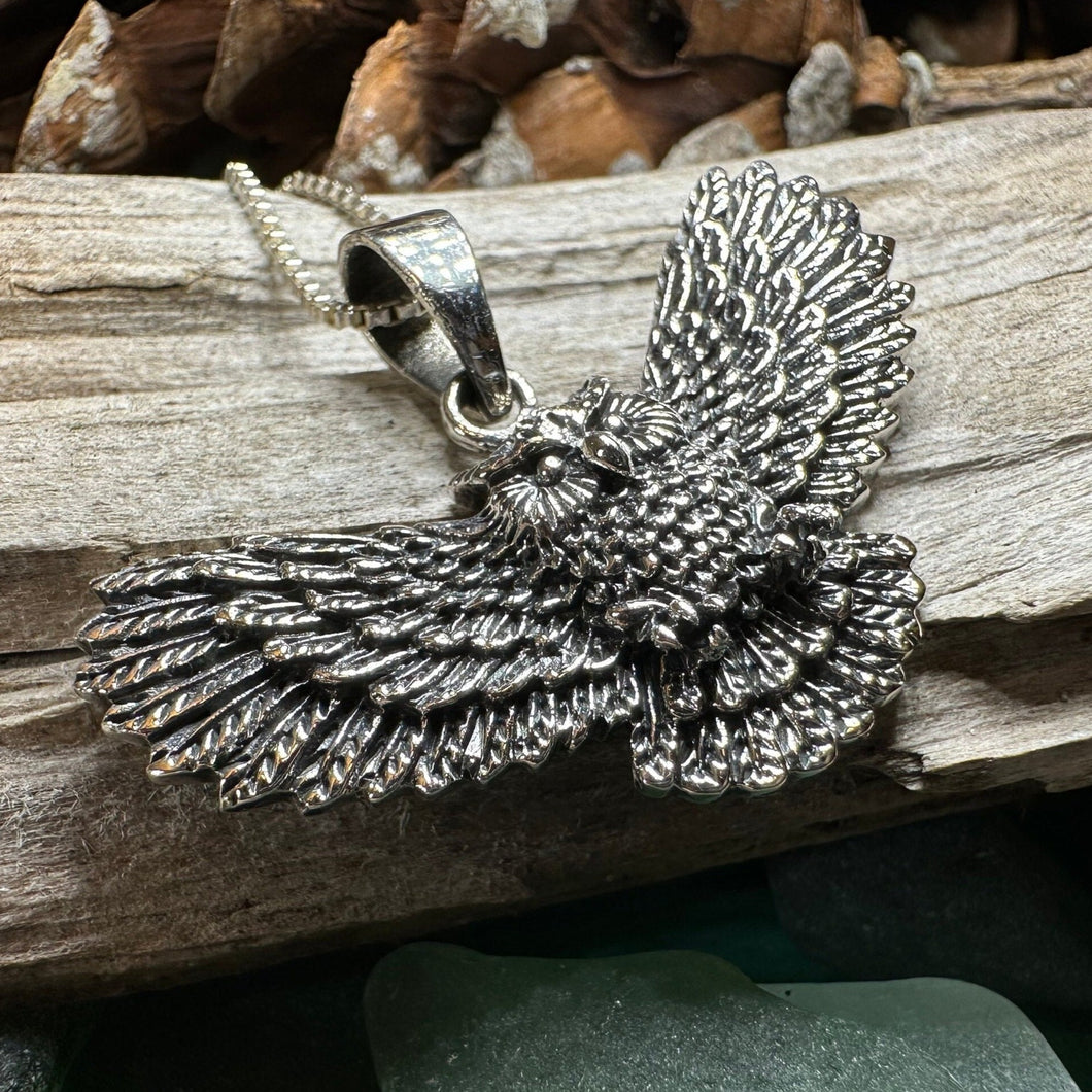 Owl Necklace, Flying Owl Pendant, Nature Jewelry, Bird Necklace, Bird Lover Gift, Silver Owl Gift, Woodland Jewelry, Irish Jewelry, Mom Gift