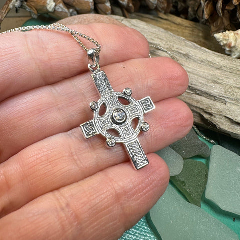 Load image into Gallery viewer, Celtic Cross Necklace, Scottish Jewelry, Diamond Cross Pendant, First Communion Cross, Christian Jewelry, Religious Jewelry, Scotland Gift
