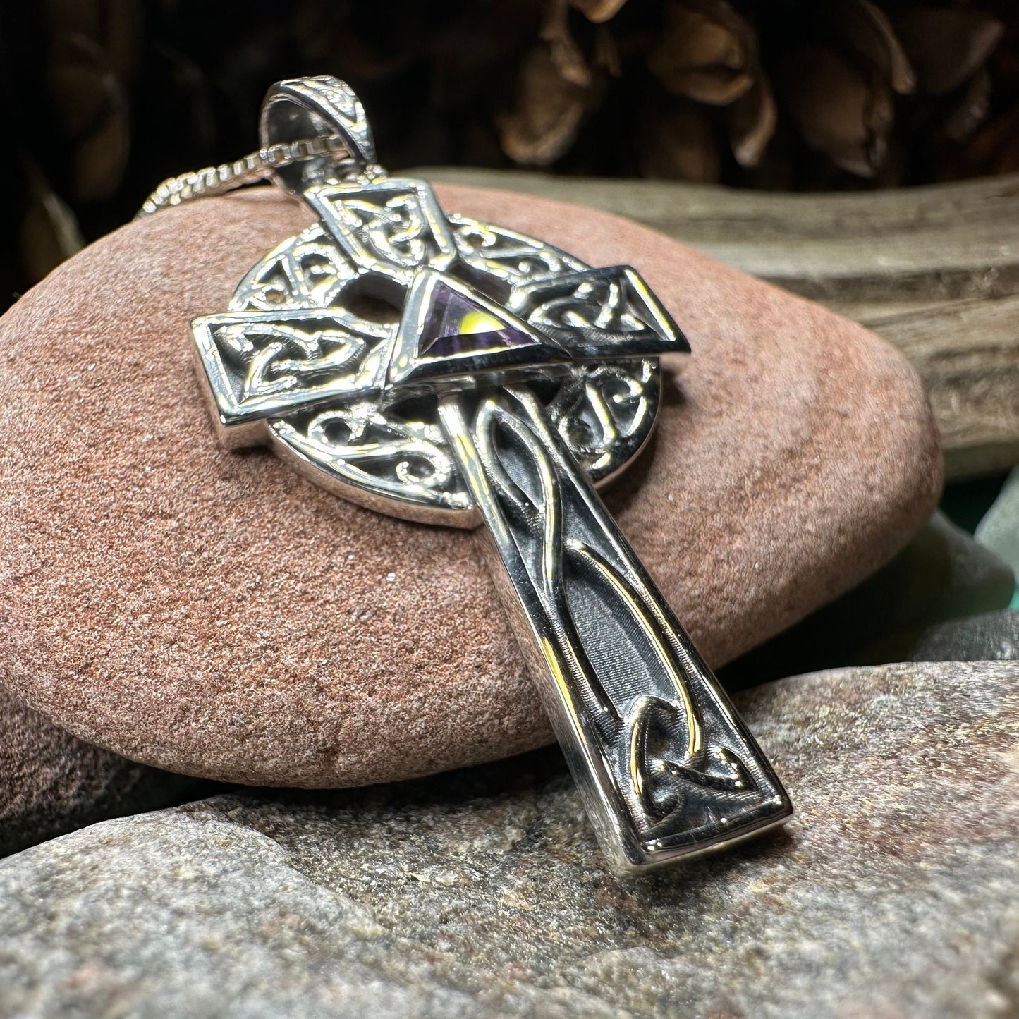 Celtic Cross Necklace, Scottish Pendant, Ireland Cross, Irish Jewelry, Large Celtic Cross, Religious Jewelry, Silver Cross Pendant, Garnet