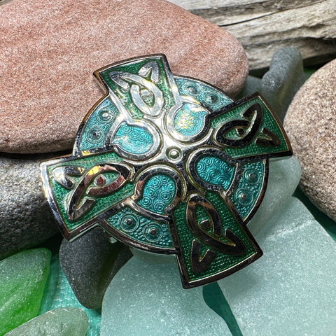 Load image into Gallery viewer, Celtic Cross Brooch, Cross Jewelry, Celtic Brooch, First Communion Gift, Green Enamel Pin, Irish Cross Jewelry, Cross Pin, Religious Jewelry
