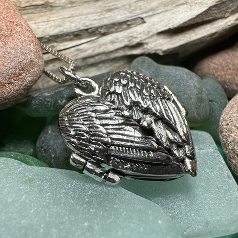 Load image into Gallery viewer, Angel Wings Necklace, Celtic Locket, Spiritual Jewelry, Angel Necklace, Wings Necklace, Silver Bridal Jewelry, Memorial Jewelry, Mom Gift
