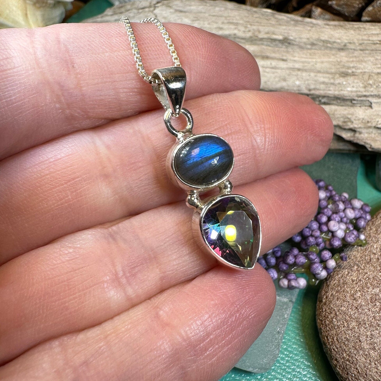 Celtic Necklace, Mystic Topaz Pendant, Labradorite Jewelry, Rainbow Topaz, Statement Pendant, Anniversary Gift, Wiccan Pendant, Mom Gift