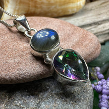 Load image into Gallery viewer, Celtic Necklace, Mystic Topaz Pendant, Labradorite Jewelry, Rainbow Topaz, Statement Pendant, Anniversary Gift, Wiccan Pendant, Mom Gift
