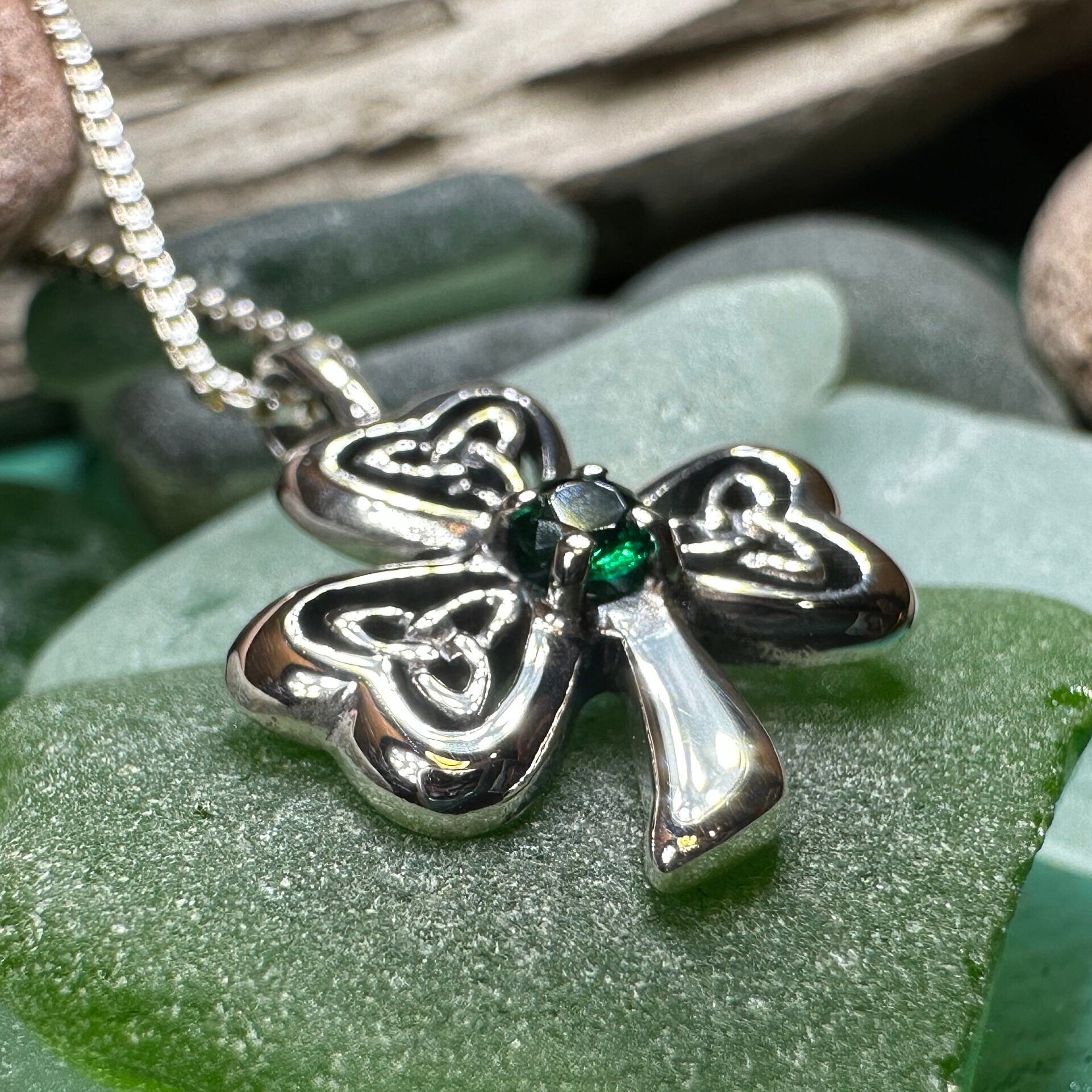Celtic Clover Pendant Sterling Silver Shamrock Pendant With Green