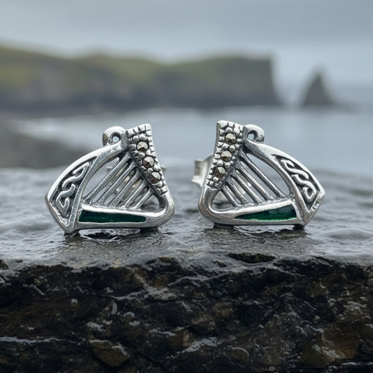 Harp Earrings, Celtic Earrings, Irish Jewelry, Ireland Gift, Post Earrings, Mom Gift, Girlfriend Gift, Clover Jewelry, Shamrock Earrings