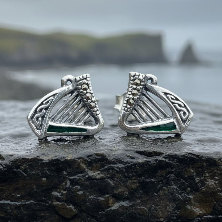Harp Earrings, Celtic Earrings, Irish Jewelry, Ireland Gift, Post Earrings, Mom Gift, Girlfriend Gift, Clover Jewelry, Shamrock Earrings