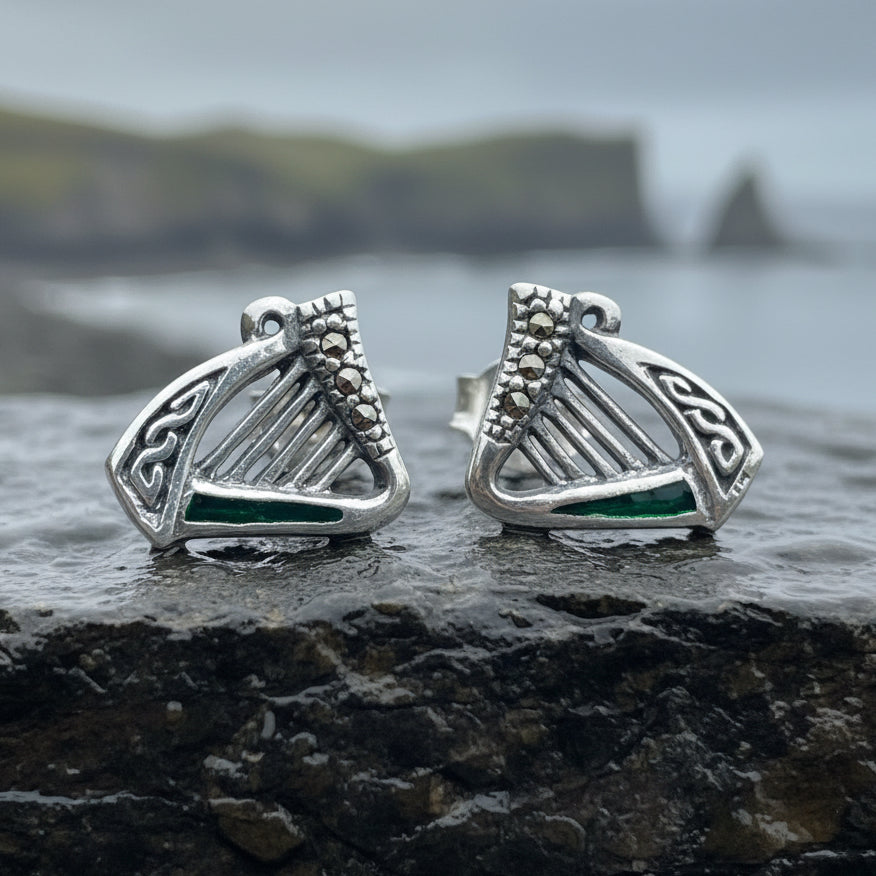 Harp Earrings, Celtic Earrings, Irish Jewelry, Ireland Gift, Post Earrings, Mom Gift, Girlfriend Gift, Clover Jewelry, Shamrock Earrings