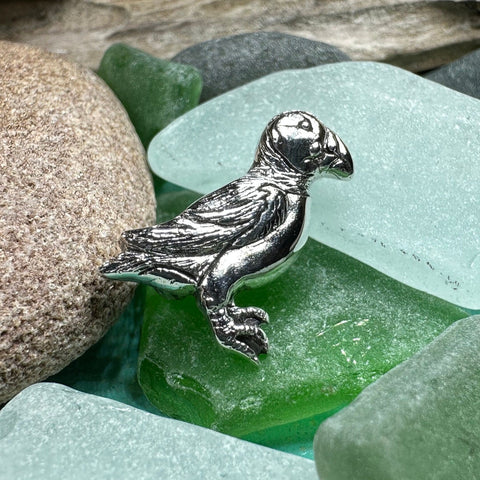 Load image into Gallery viewer, Puffin Lapel Pin, Scotland Jewelry, Bird Pin, Seashore Bird Jewelry, Cute Scatter Pin, Scottish Jewelry, Puffin Jewelry, Silver Brooch
