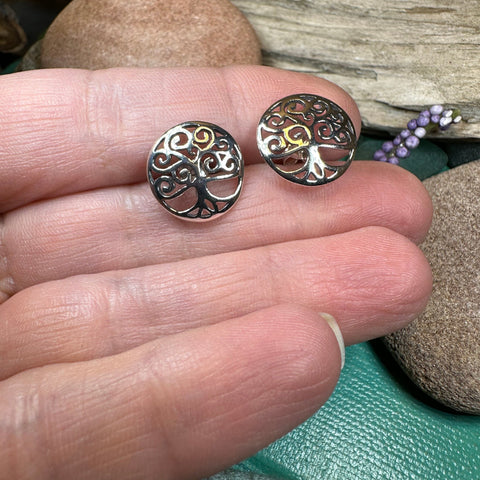 Load image into Gallery viewer, Tree of Life Stud Earrings, Tree Studs, Celtic Jewelry, Anniversary Gift, Bridal Jewelry, Norse Jewelry, Yoga Jewelry, Wiccan Jewelry
