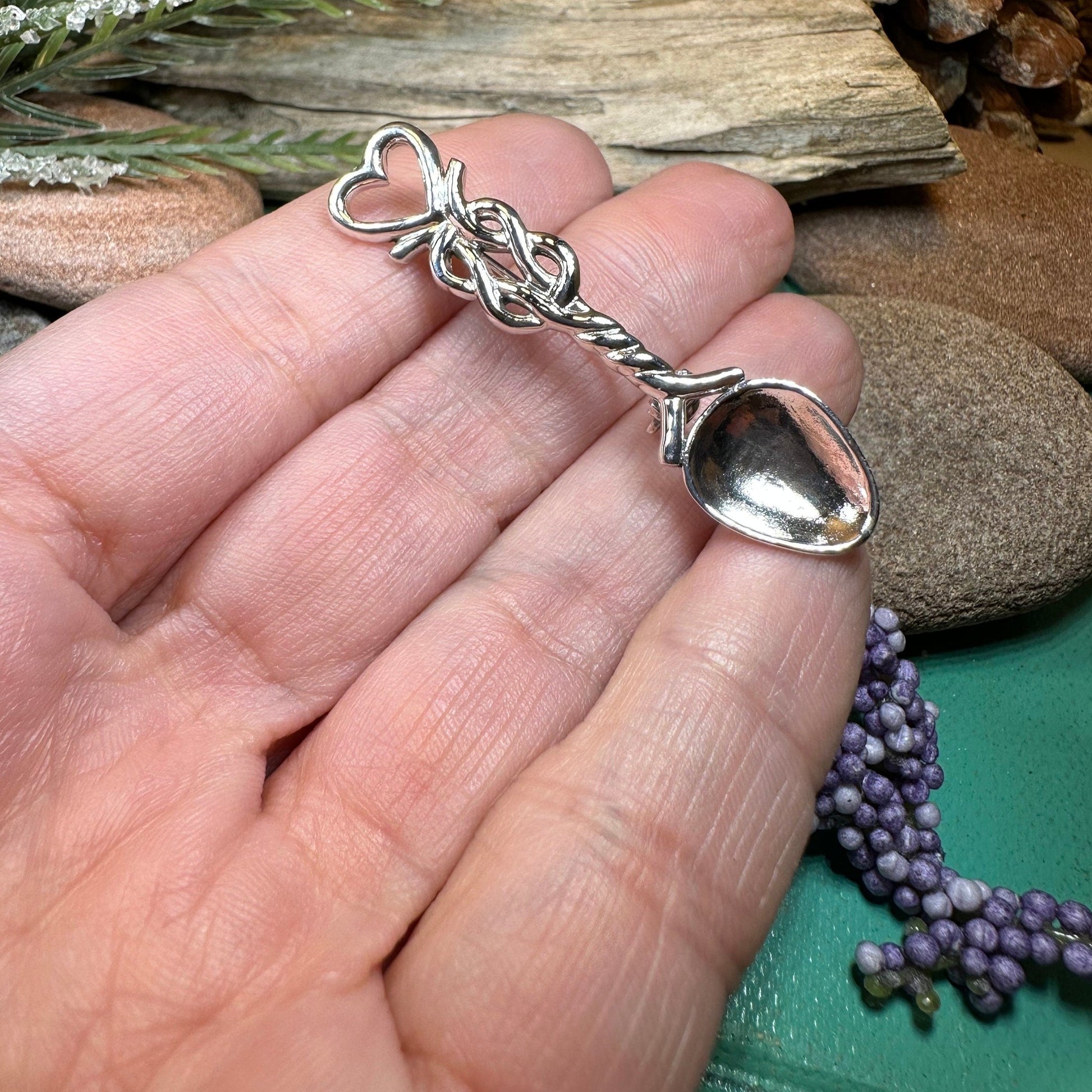 Love Spoon Brooch, Celtic Jewelry, Wales Jewelry, Welsh Pin, Bridal Jewelry, Anniversary Gift, Heart Jewelry, Silver Spoon Wife Gift