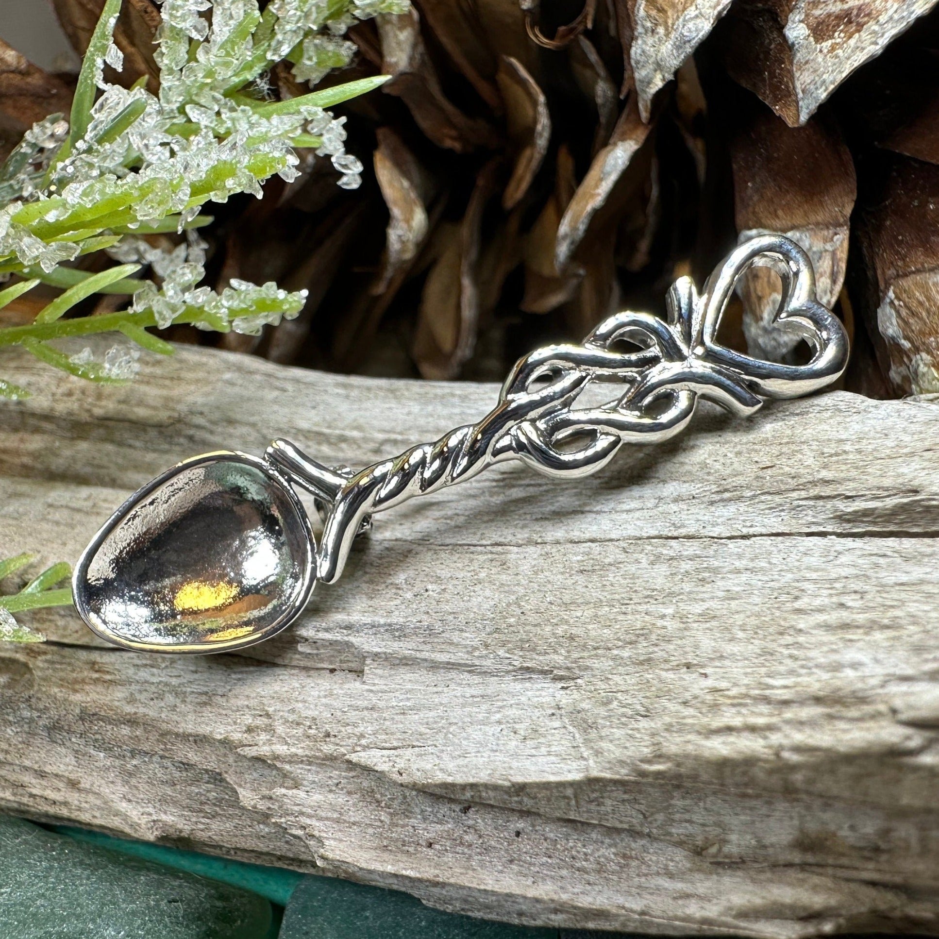 Love Spoon Brooch, Celtic Jewelry, Wales Jewelry, Welsh Pin, Bridal Jewelry, Anniversary Gift, Heart Jewelry, Silver Spoon Wife Gift