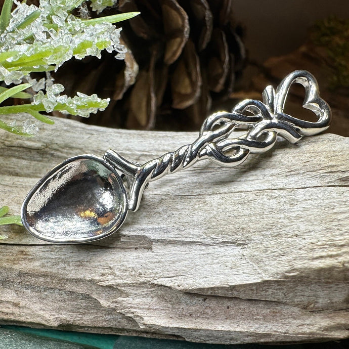 Love Spoon Brooch, Celtic Jewelry, Wales Jewelry, Welsh Pin, Bridal Jewelry, Anniversary Gift, Heart Jewelry, Silver Spoon Wife Gift