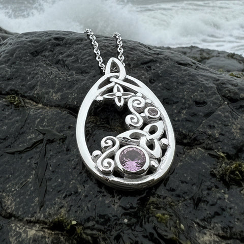 Load image into Gallery viewer, Celtic Knot Necklace, Celtic Jewelry, Irish Jewelry, Scottish Jewelry, Pink Topaz Pendant, Trinity Knot, Scotland Jewelry, Anniversary Gift
