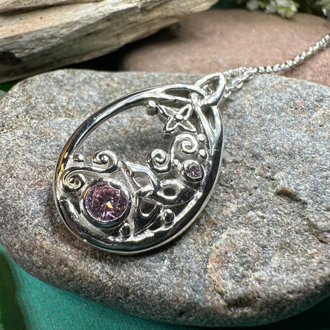 Load image into Gallery viewer, Celtic Knot Necklace, Celtic Jewelry, Irish Jewelry, Scottish Jewelry, Pink Topaz Pendant, Trinity Knot, Scotland Jewelry, Anniversary Gift
