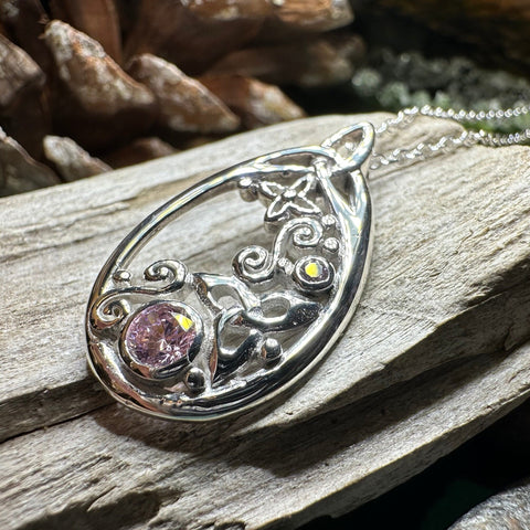 Load image into Gallery viewer, Celtic Knot Necklace, Celtic Jewelry, Irish Jewelry, Scottish Jewelry, Pink Topaz Pendant, Trinity Knot, Scotland Jewelry, Anniversary Gift
