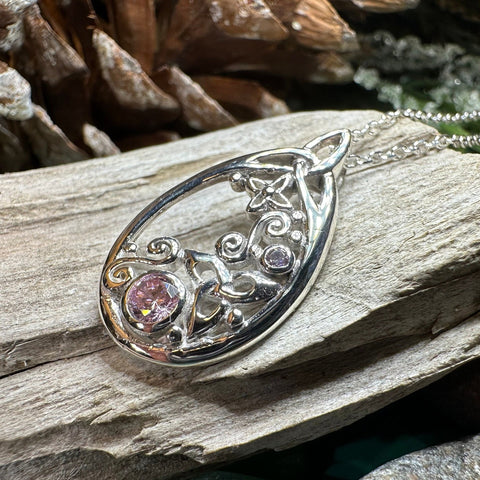 Load image into Gallery viewer, Celtic Knot Necklace, Celtic Jewelry, Irish Jewelry, Scottish Jewelry, Pink Topaz Pendant, Trinity Knot, Scotland Jewelry, Anniversary Gift
