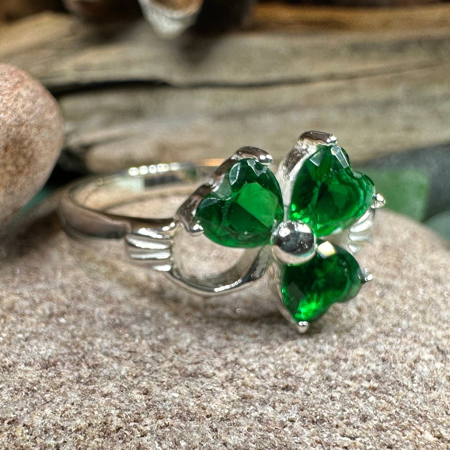 Emerald Irish Shamrock Ring in Sterling Silver — view 5