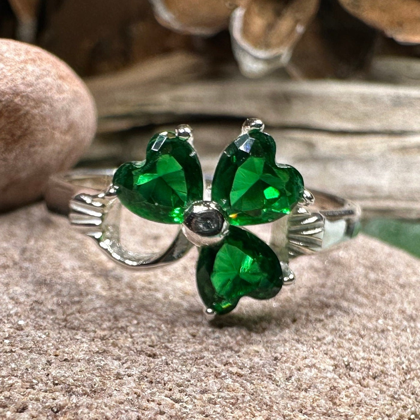 Emerald Irish Shamrock Ring in Sterling Silver — view 8