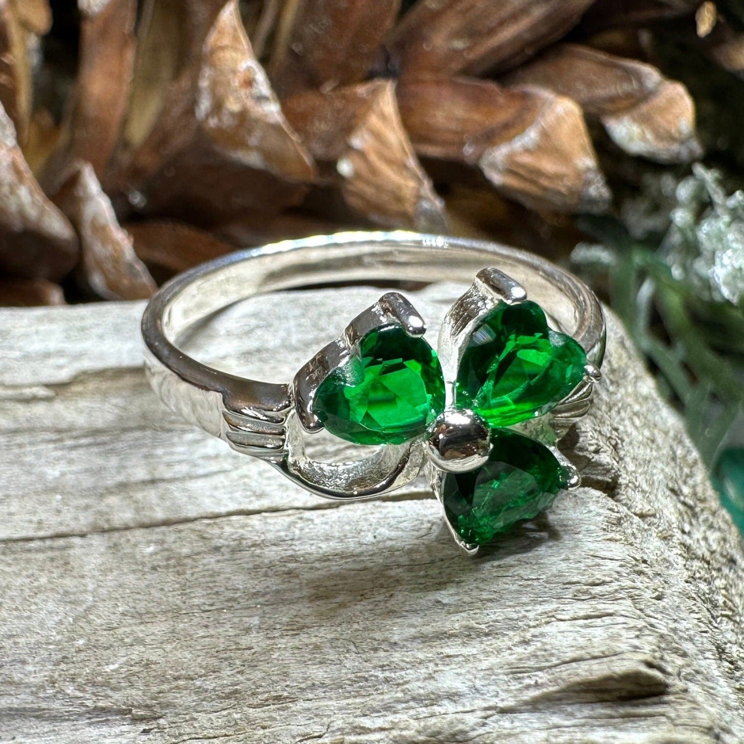 Emerald Irish Shamrock Ring in Sterling Silver — view 6