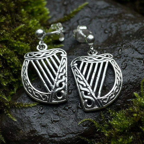 Load image into Gallery viewer, Harp Earrings, Celtic Jewelry, Ireland Jewelry, Irish Jewelry, Harp Jewelry, Clover Jewelry, Post Back Earrings, St. Patrick's Day, Mom Gift
