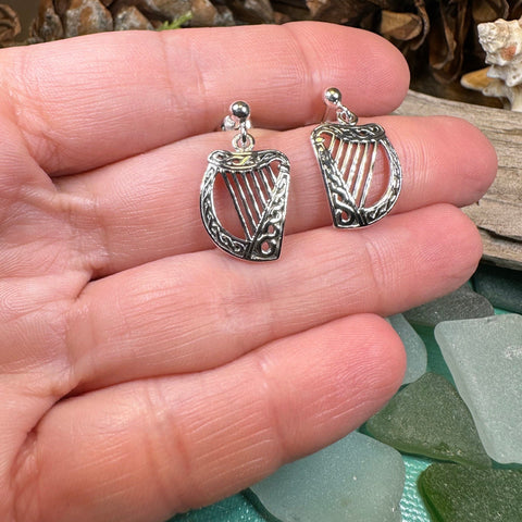Load image into Gallery viewer, Harp Earrings, Celtic Jewelry, Ireland Jewelry, Irish Jewelry, Harp Jewelry, Clover Jewelry, Post Back Earrings, St. Patrick's Day, Mom Gift
